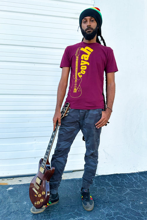 Cooyah Jamaica. Reggae your world with the men's Vintage Guitar graphic tee in burdundy. Jamaican clothing brand since 1987. IRIE