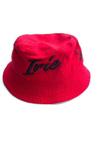 Cooyah Jamaica.  Irie Embroidered Bucket hat in red.  We are a Jamaican clothing brand since 1987.  Reggae accessories