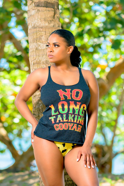 Cooyah - Women's 'No Long Talking' racer back tank top with rasta colors print.  Reggae style fashion.