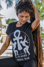 Load image into Gallery viewer, Cooyah clothing. No More Tribal War women&#39;s graphic tee in black.  Afrobeats design.  Jamaican clothing brand.
