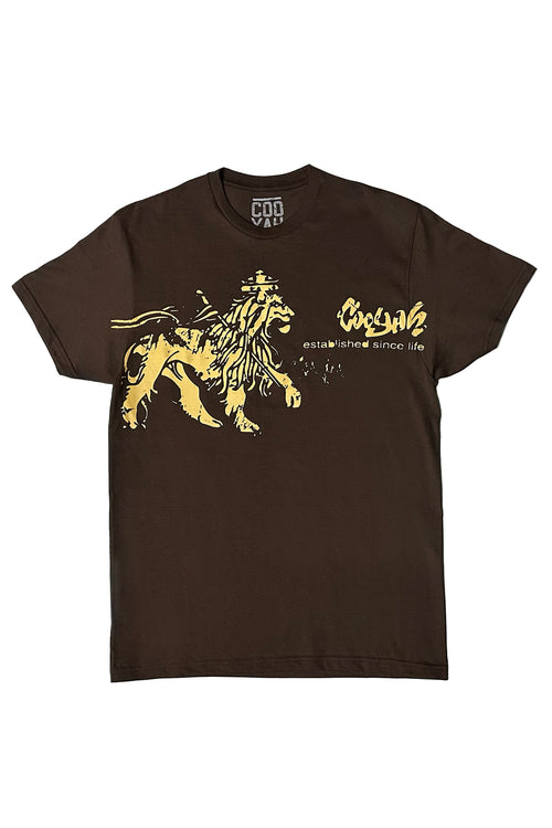 Cooyah - Men's brown Lion graphic tee screen printed in gold.  Soft, 100% ringspun cotton fabric.