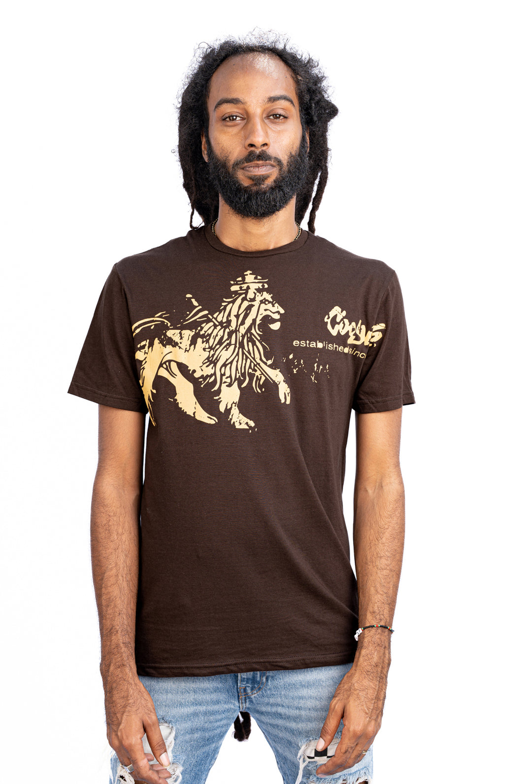 Cooyah Jamaica.  Old World Lion men's rasta tee.  Crew neck, short sleeve, ringspun cotton, brown reggae t-shirt.  Jamaican clothing brand.