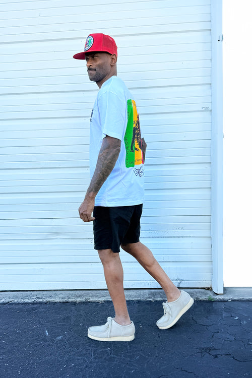Cooyah Jamaica side view of the One World reggae tee.  Jamaican streetwear clothing.