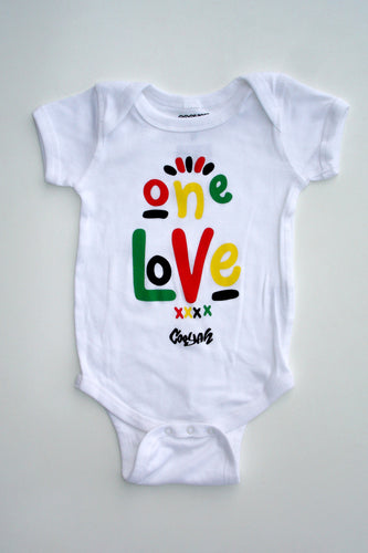 Cooyah Clothing.  One Love Jamaica Baby Onesie.  Screen printed in rasta colors.  Soft, ringspun cotton. 