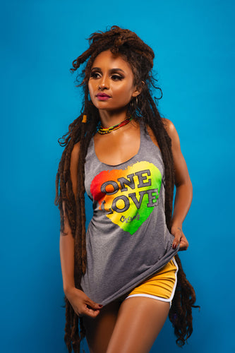 Cooyah Jamaica.  Women's Rasta One Love Heart tank top in silver.  Reggae style design.  Jamaican clothing brand.