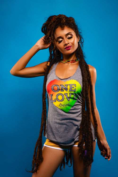 Cooyah Jamaica. Women's Rasta One Love Heart tank top in silver. Reggae style design. Jamaican clothing brand.