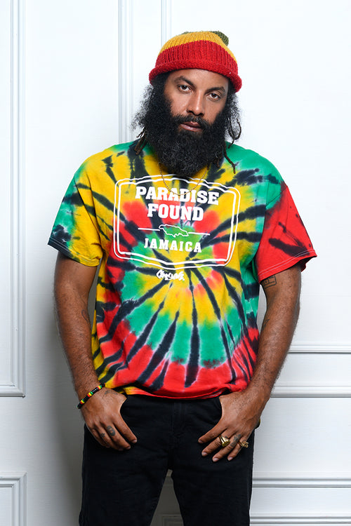 Cooyah - Men's Paradise Found Jamaica graphic tee.  Tie-dye in rasta colors on soft 100% ringspun cotton.  