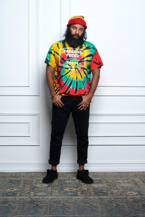 Cooyah - Men's Paradise Found Jamaica graphic tee.  Tie-dye in rasta colors on soft 100% ringspun cotton.  