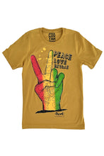Load image into Gallery viewer, Cooyah. Peace Love Reggae. Men&#39;s graphic tee with peace symbol. We are a Jamaican owned clothing brand. Established in 1987.
