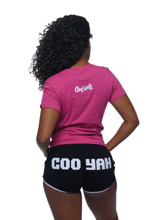 Cooyah Clothing.  Women's pink graphic tee and black athleisure shorts complete with logo.  