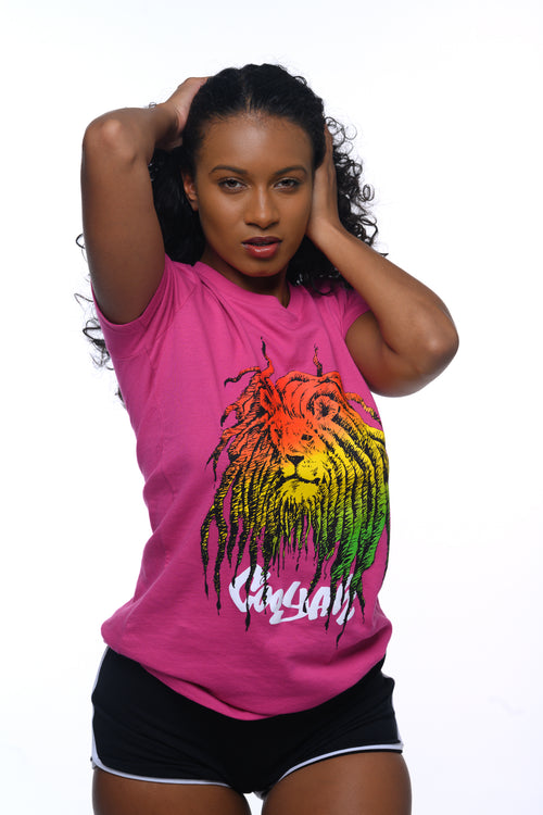 Cooyah Jamaica.  Women's pink rasta lion t-shirt.  We are a Jamaican owned clothing brand established in 1987.  IRIE