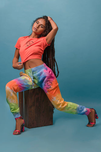 Cooyah Clothing. Women's  Premium Brand Tie-Dye Joggers with Lion graphic. Jamaican streetwear clothing brand.