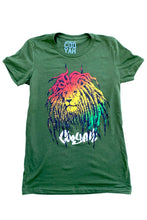 Load image into Gallery viewer, Cooyah Jamaica. Men&#39;s Rasta Lion with dreads graphic tee in olive green. Reggae rootswear with Jamaican streetwear clothing. Irie
