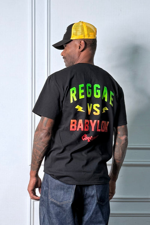 Men's Reggae VS Babylon graphic tee by Cooyah.  Jamaican streetwear clothing brand established in 1987.