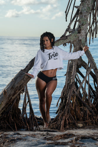 Cooyah Jamaica.  Women's long sleeve crop top with  irie graphic.  We are a Jamaican owned clothing brand established in 1987.