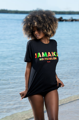 Cooyah Clothing Jamaica No Problem women's boyfriend fit tee in black.  Reggae style design on a short sleeve rinspun cotton t-shirt.  Jamaican beachwear.  IRIE