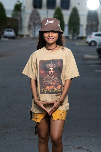 Cooyah Jamaica. Empress Menen short sleeve graphic tee on a brown shirt. Rasta Rootswear clothing. Rastafari