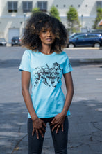 Load image into Gallery viewer, Cooyah rasta lion graphic tee.  Women&#39;s light blue t-shirt with black lion graphics screen printed on the front and sleeves.  Jamaican clothing brand.
