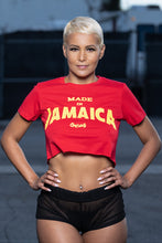 Load image into Gallery viewer, Cooyah Clothing. Made in Jamaica women&#39;s red crop top graphic tee with yellow print. Ringspun cotton, short sleeve, crew neck t-shirt. Jamaican clothing brand.
