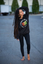 Load image into Gallery viewer, Cooyah Jamaica Everything Irie women&#39;s pullover hoodie with reggae colors. Jamaican clothing brand.
