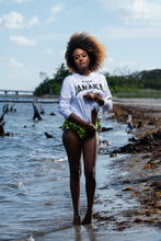 Load image into Gallery viewer, Cooyah women&#39;s UV Sun Hoodie with Made in Jamaica graphic. UPF 50+ sun protection. We are a Jamaican owned beachwear clothing brand established in 1987.
