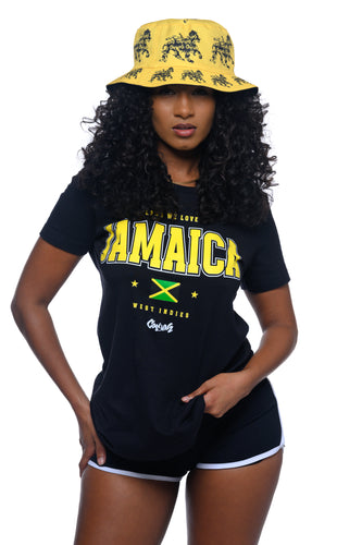 Cooyah.  Jamaica Land We Love women's graphic tee in black.  We are a Jamaican streetwear clothing brand.  Established in 1987.