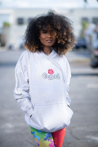 Cooyah Jamaica women's Embroidered Rose Hoodie in ash gray.  Floral design, Jamaican streetwear clothing.