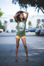 Load image into Gallery viewer, Cooyah Rasta Love Lion with dreadsCooyah Jamaica. Women&#39;s short sleeve, crew neck Rasta Lion with Dreads graphic tee in olive green. Soft, ringspun cotton. Jamaican rootswear clothing brand.
