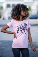 Load image into Gallery viewer, Cooyah rasta lion graphic tee. Women&#39;s light pink t-shirt with black lion graphics screen printed on the front and sleeves. Jamaican clothing brand.
