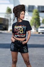 Load image into Gallery viewer, Cooyah Jamaica retro style women&#39;s black graphic tee with colorful 1987 design on the front.
