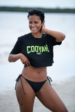 Load image into Gallery viewer, Cooyah Miami women&#39;s crop top. Black tee with neon yellow print on soft, ringspun cotton.
