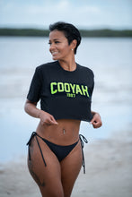 Load image into Gallery viewer, Cooyah Jamaica women&#39;s crop top.  Black tee with neon yellow print on soft, ringspun cotton.
