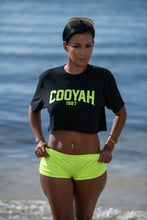 Load image into Gallery viewer, Cooyah Clothing women&#39;s crop top. Black tee with neon yellow print on soft, ringspun cotton.
