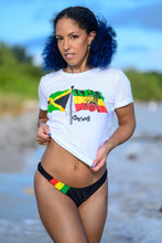 Load image into Gallery viewer, Cooyah Clothing. Jamaica Ethiopia Flag women&#39;s white graphic tee with red, yellow, and green print. Rasta
