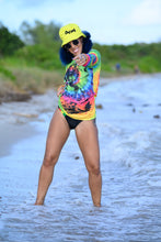 Load image into Gallery viewer, Cooyah Jamaica Tie-Dye Long Sleeve UPF 50+ Dri-Fit women&#39;s Sun Shirt.  Rasta Lion graphic on the front.  Jamaican beachwear clothing since 1987.
