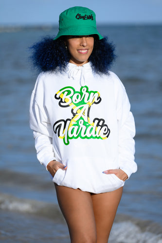 Cooyah Jamaica.  Women's Born a Yardie hoodie in white.  We are a Jamaican owned clothing brand since 1987.  