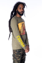 Load image into Gallery viewer, COOYAH. Men&#39;s Haile Selassie Lion long sleeve graphic tee in army green. Hand-printed vintage design.
