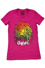 Load image into Gallery viewer, COOYAH Jamaica. Women&#39;s Rasta Lion with Dreads crew neck tee. Screen printed in reggae colors on a pink t-shirt.
