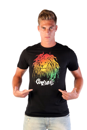 Cooyah Jamaica. Men's Rasta Lion with dreads graphic tee in black. Reggae rootswear with Jamaican streetwear clothing. Irie