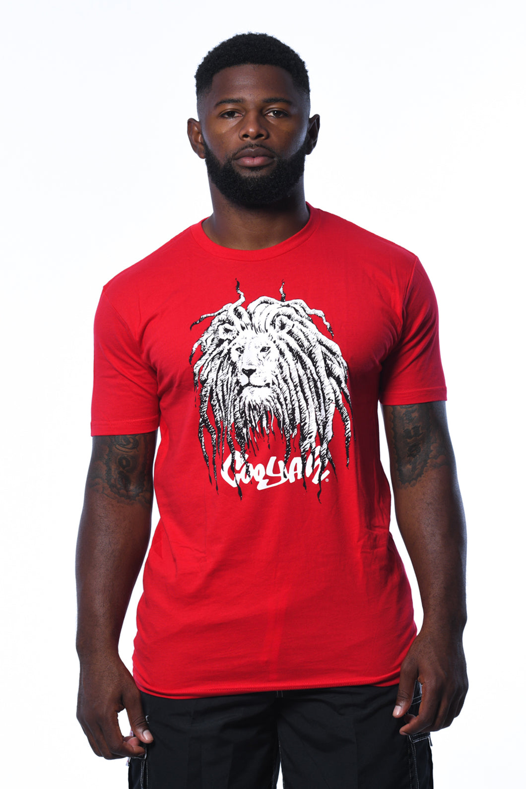 Cooyah Jamaica.  Men's Rasta Lion with Dreads graphic tee in red.  Jamaican  reggae clothing brand.