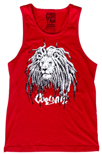 Cooyah Jamaica.  Men's red Rasta Dread Lion Tank Top.  Jamaican streetwear clothing brand.
