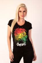 Load image into Gallery viewer, Cooyah Jamaica. Women&#39;s Rasta Lion with dreads v-neck graphic tee in black. Reggae rootswear with Jamaican streetwear clothing. Irie
