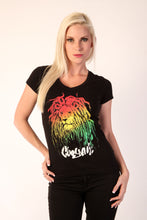 Load image into Gallery viewer, Cooyah Jamaica.  Women&#39;s Rasta Lion with dreads v-neck graphic tee in black. Reggae rootswear with Jamaican streetwear clothing. Irie
