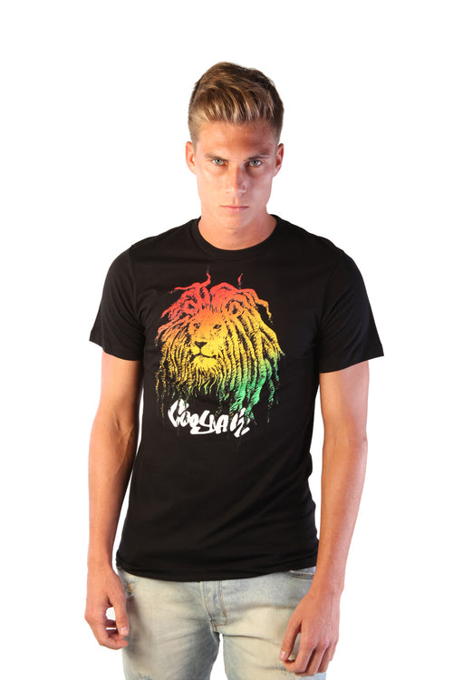 Cooyah Jamaica. Men's Rasta Lion with dreads graphic tee in black. Reggae rootswear with Jamaican streetwear clothing. Irie