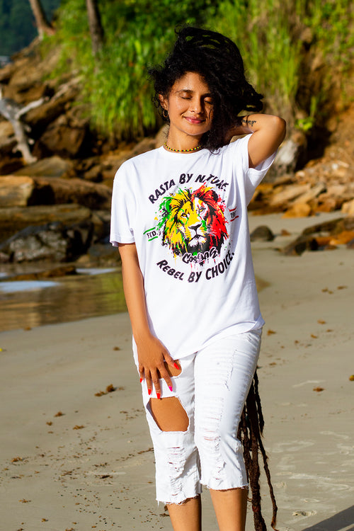 Cooyah Jamaica women's white t-shirt with a colorful rasta lion graphic and text "Rasta By Nature, Rebel By Choice."