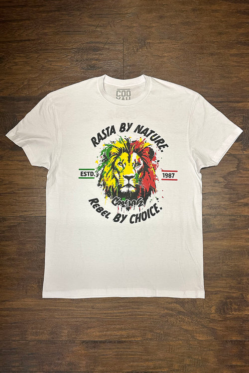 Cooyah Clothing - Men's Rasta By Nature, Rebel By Choice graphic tee featuring a lion screen printed in reggae colors.