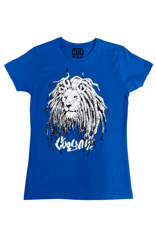 Blue t-shirt with a lion wearing dreadlocks graphic and 'COOYAH' text on a white background.