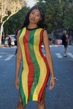 Cooyah Women’s Rasta Mesh Sleeveless Dress in reggae-inspired red, gold, and green colors, featuring breathable cotton mesh and bold Caribbean style.