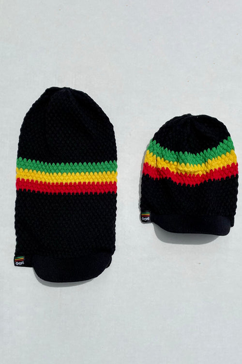 Cooyah Jamaica. Knit Rasta Tam with brim. Jamaican rootswear clothing brand. The perfect hat for dread locks. IRIE