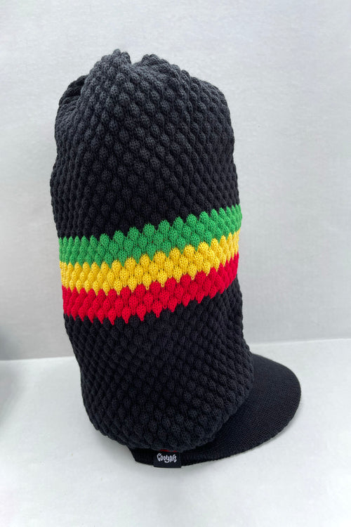 Cooyah Jamaica. Knit Rasta Tam with brim. Jamaican rootswear clothing brand. The perfect hat for dread locks. IRIE